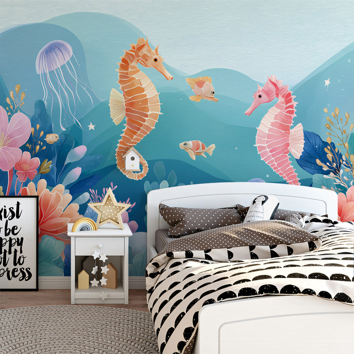 Whimsical Pastel Seahorse Mural Wallpaper | Ocean Nursery Wall Art