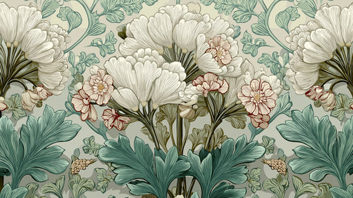 Decorative floral pattern with white and pink flowers on a green background