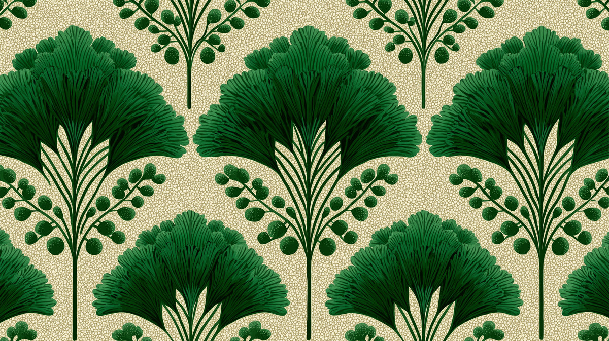 Art Deco Gingko Leaf Mural Wallpaper | Mid-Century Geometric Botanical Pattern