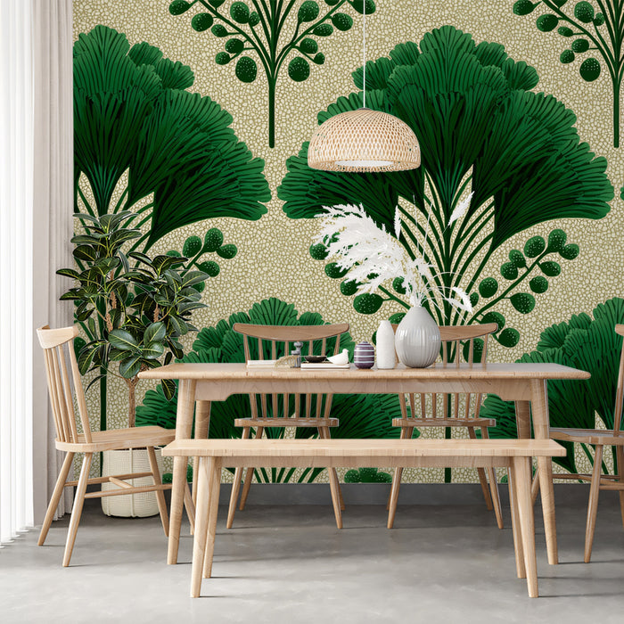 Art Deco Gingko Leaf Mural Wallpaper | Mid-Century Geometric Botanical Pattern