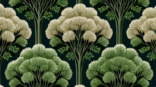 Pattern of stylized trees and foliage on a dark green background