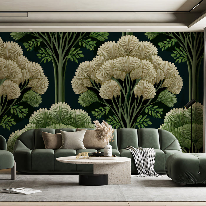 Elegant Forest Botanical Mural Wallpaper | Art Deco Tree Pattern