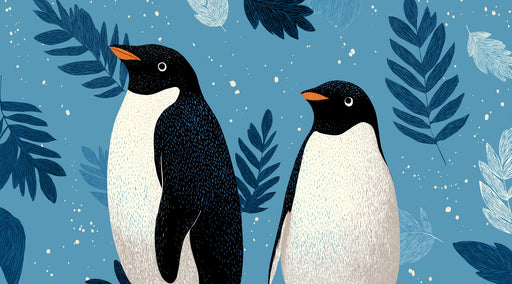 Two penguins on a blue background with leaf illustrations