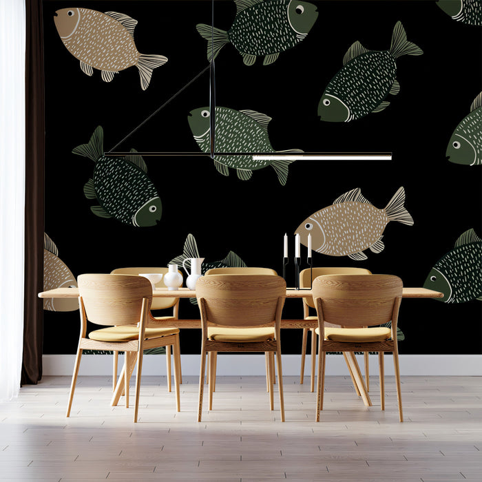 Stylish Fish Pattern Mural Wallpaper | Modern Black & White Sea Life