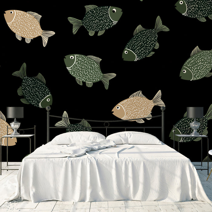 Stylish Fish Pattern Mural Wallpaper | Modern Black & White Sea Life