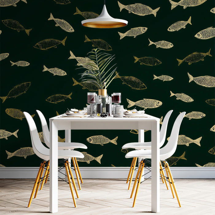 Vintage Fish Pattern Mural Wallpaper | Rustic Nautical Print