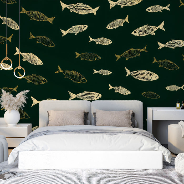 Vintage Fish Pattern Mural Wallpaper | Rustic Nautical Print