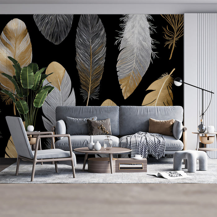 Modern Feather Pattern Mural Wallpaper | Black & Gold Luxury