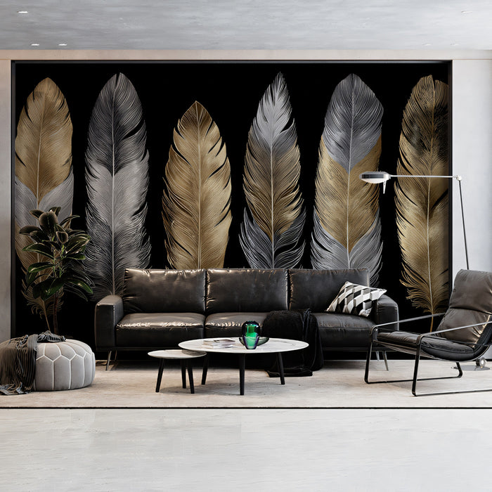 Luxury Feather Mural Wallpaper | Gold & Silver Accent Wall