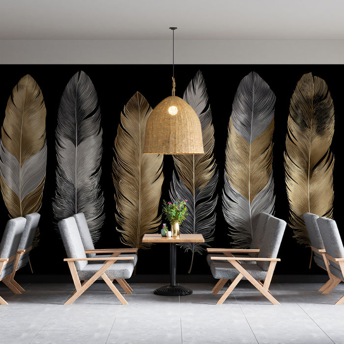 Luxury Feather Mural Wallpaper | Gold & Silver Accent Wall