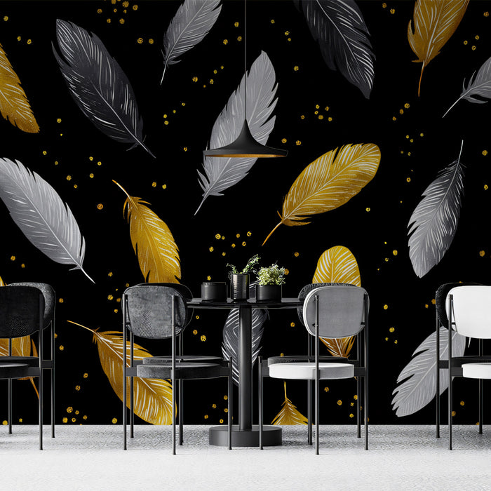 Elegant Feather Pattern Mural Wallpaper | Black & Gold Luxury