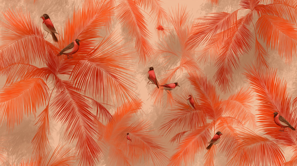 Tropical Bird Mural Wallpaper | Warm Palm Leaves & Red Finch