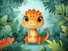 Cute Dinosaur in Jungle Mural Wallpaper in Bedroom | Green, Orange, and Various Colors of Dinosaur
