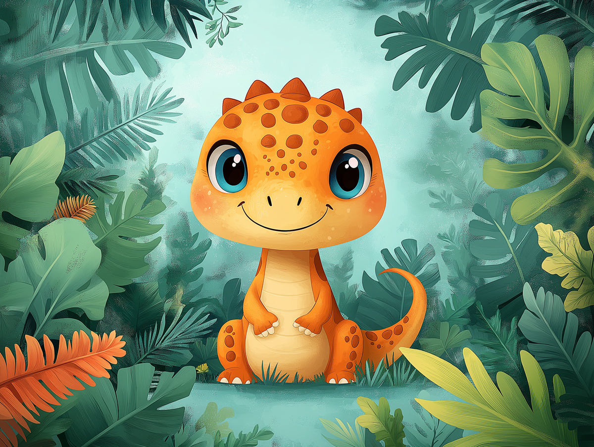 Cute Dinosaur in Jungle Mural Wallpaper in Bedroom | Green, Orange, and Various Colors of Dinosaur