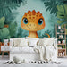 Cute Dinosaur in Jungle Mural Wallpaper in Bedroom | Green, Orange, and Various Colors of Dinosaur