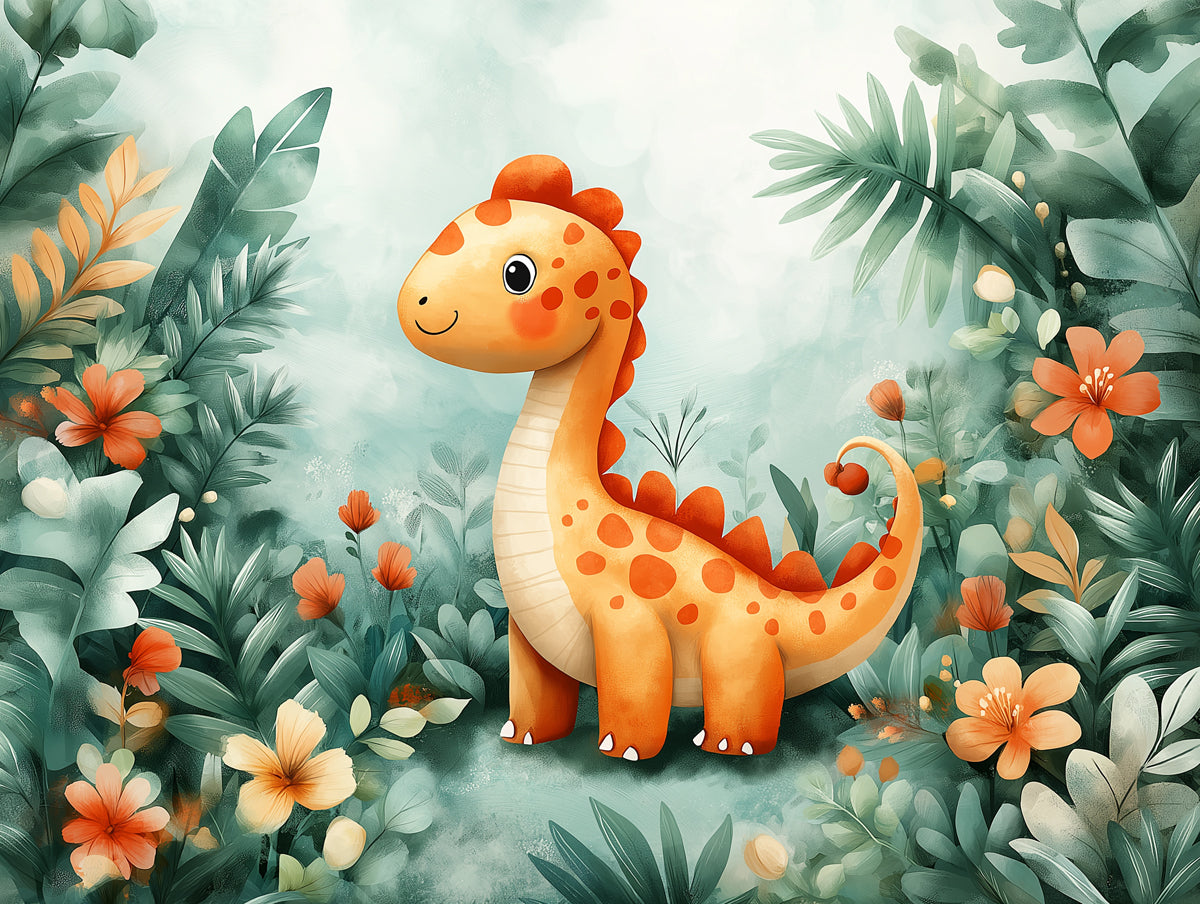 Cute Dinosaur in Jungle Mural Wallpaper in Bedroom | Green, Orange, and Various Colors of Dinosaur