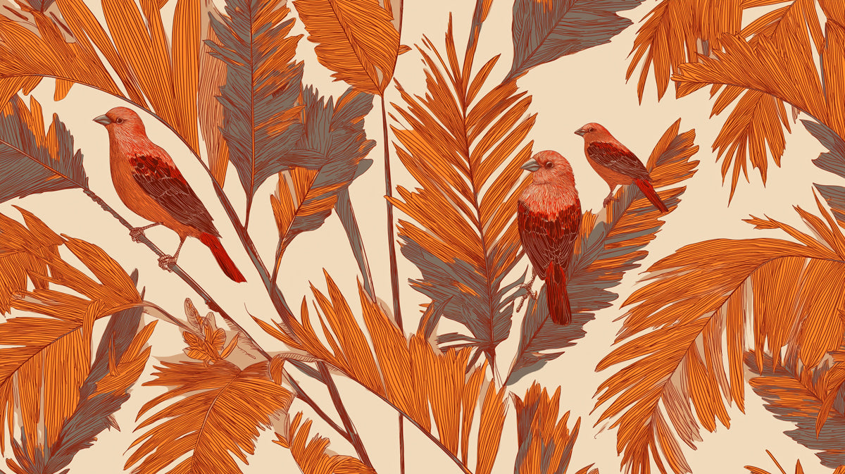 Tropical Mural Wallpaper | Rust-Toned Birds & Leaves