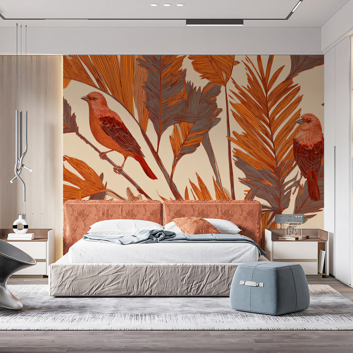 Tropical Mural Wallpaper | Rust-Toned Birds & Leaves