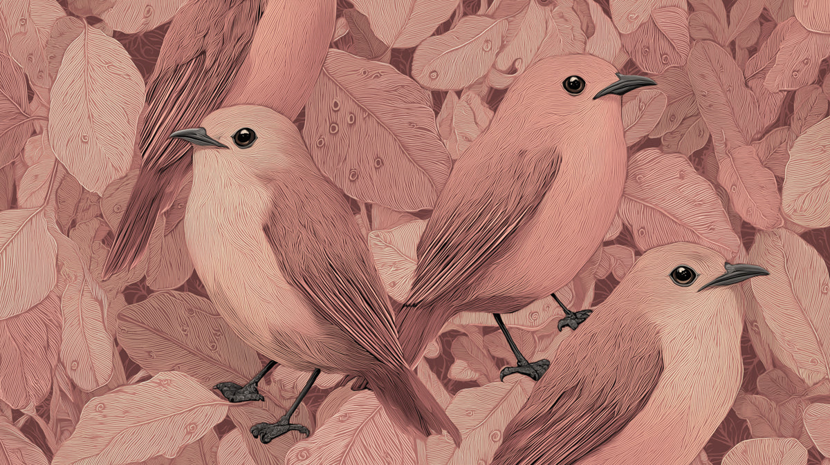 Elegant Botanical Bird Mural Wallpaper | Dusty Rose & Sage Leaf Pattern
