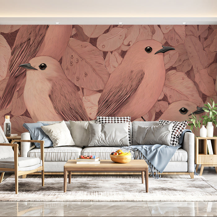 Elegant Botanical Bird Mural Wallpaper | Dusty Rose & Sage Leaf Pattern
