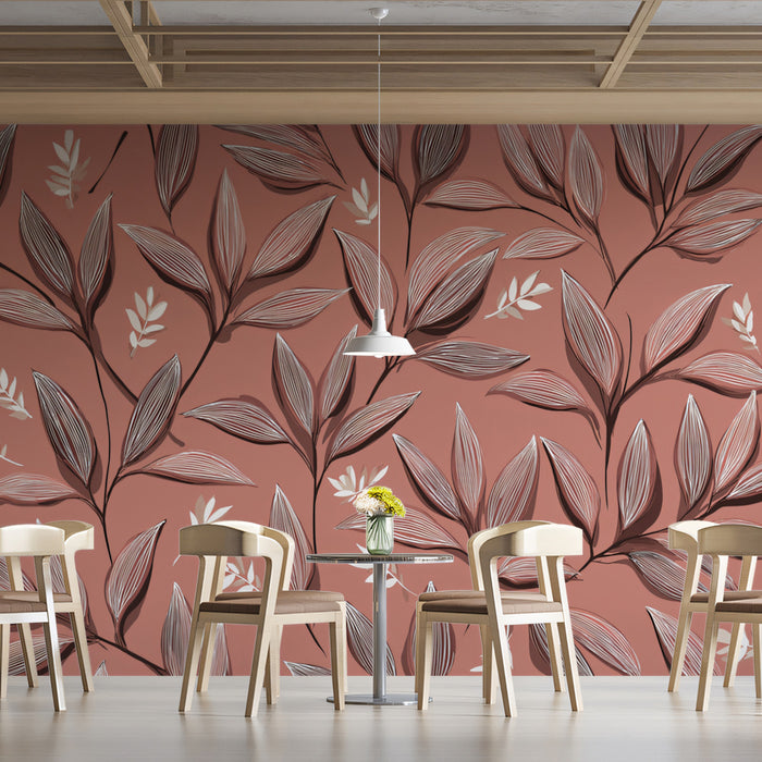 Intricate Leaf Pattern Mural Wallpaper | Elegant Dusty Rose Botanical
