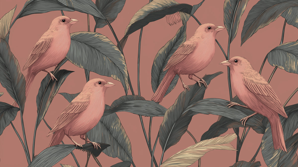 Elegant Botanical Bird Mural Wallpaper | Dusty Rose & Sage Leaf Pattern