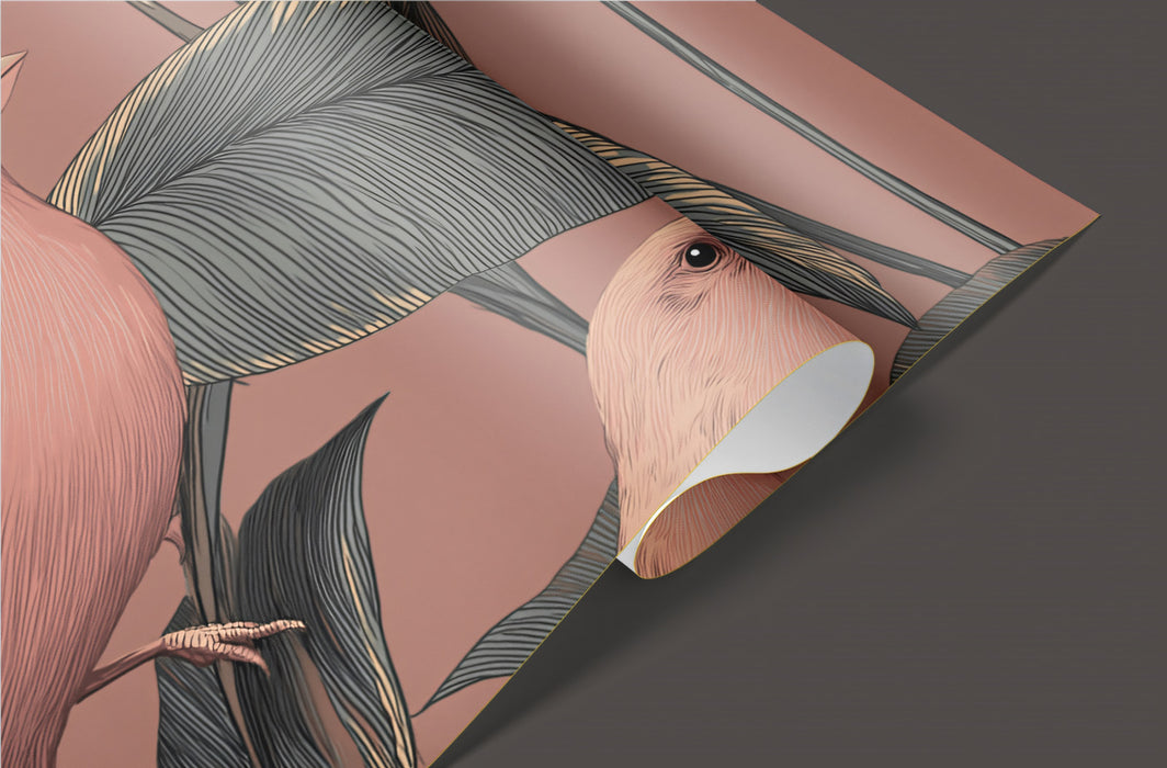 Elegant Botanical Bird Mural Wallpaper | Dusty Rose & Sage Leaf Pattern