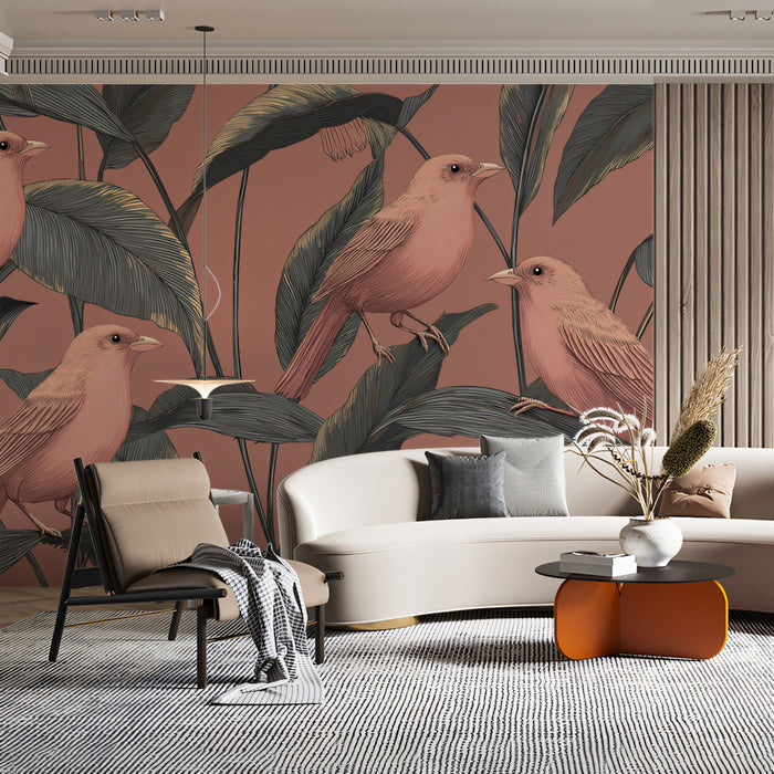 Elegant Botanical Bird Mural Wallpaper | Dusty Rose & Sage Leaf Pattern