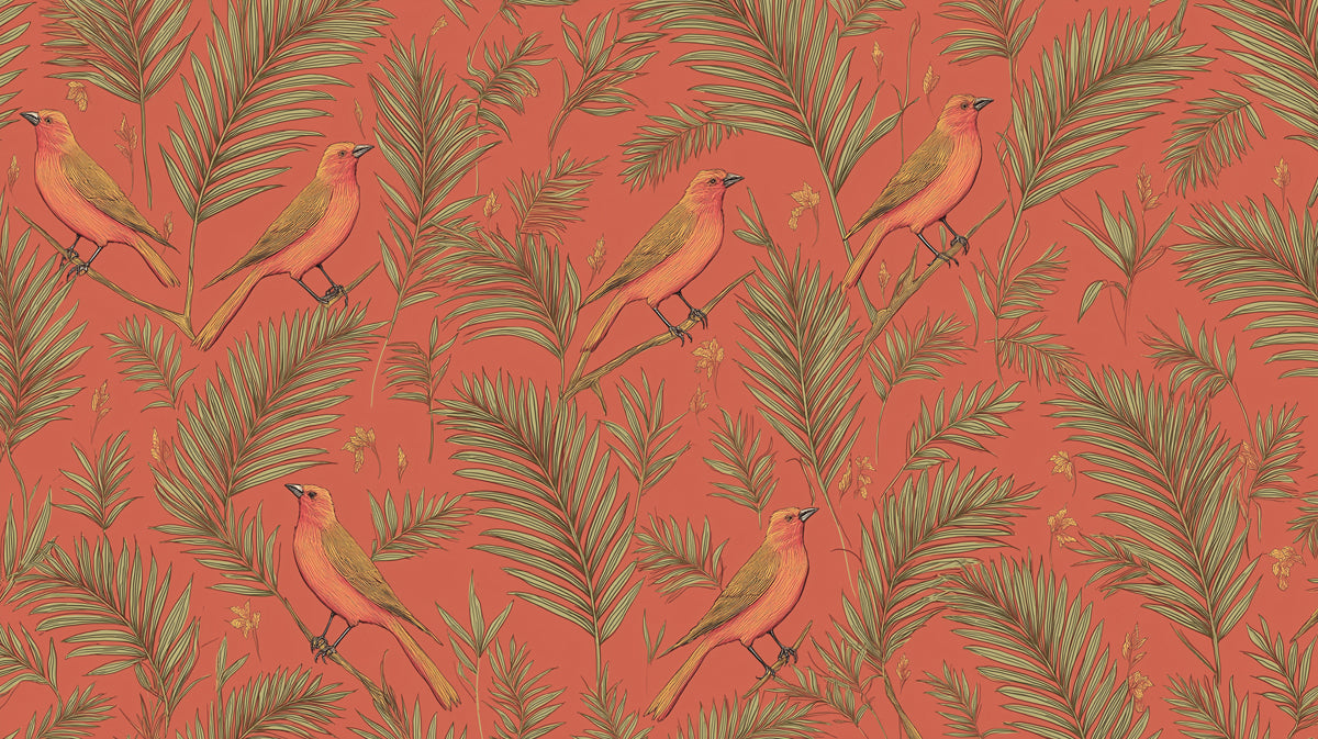 Classic Tropical Birds Mural Wallpaper | Warm Coral & Green Print