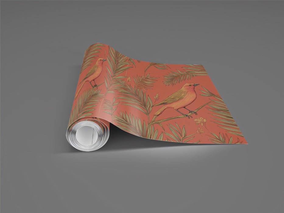 Classic Tropical Birds Mural Wallpaper | Warm Coral & Green Print