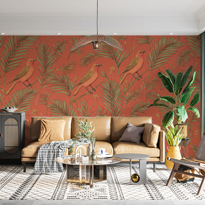 Classic Tropical Birds Mural Wallpaper | Warm Coral & Green Print