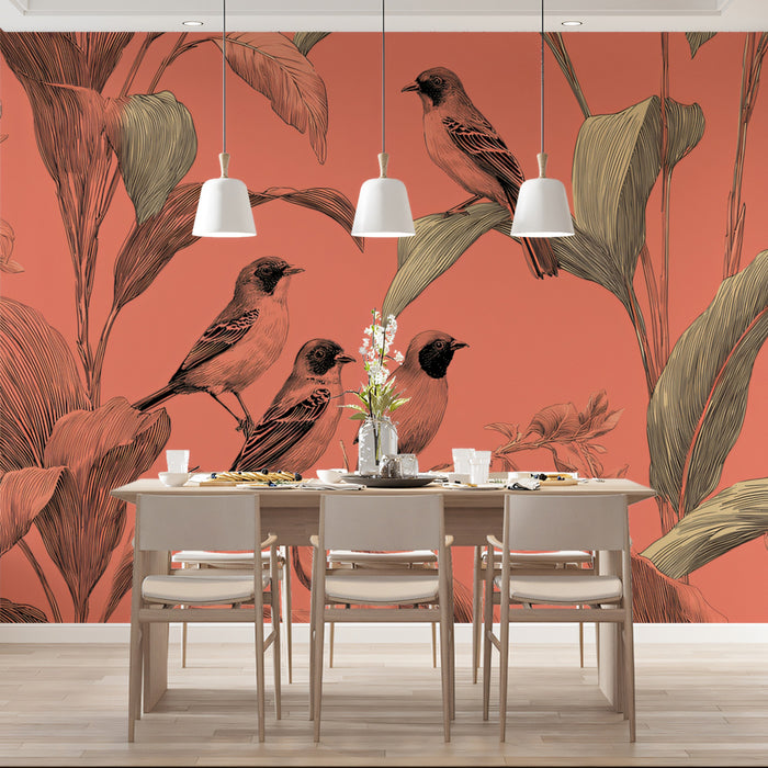 Classic Tropical Birds Mural Wallpaper | Warm Coral & Green Print