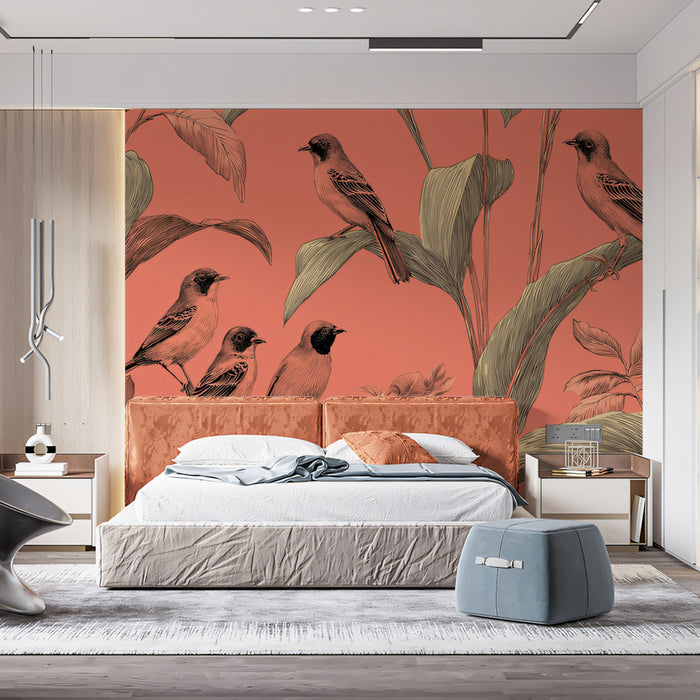 Classic Tropical Birds Mural Wallpaper | Warm Coral & Green Print
