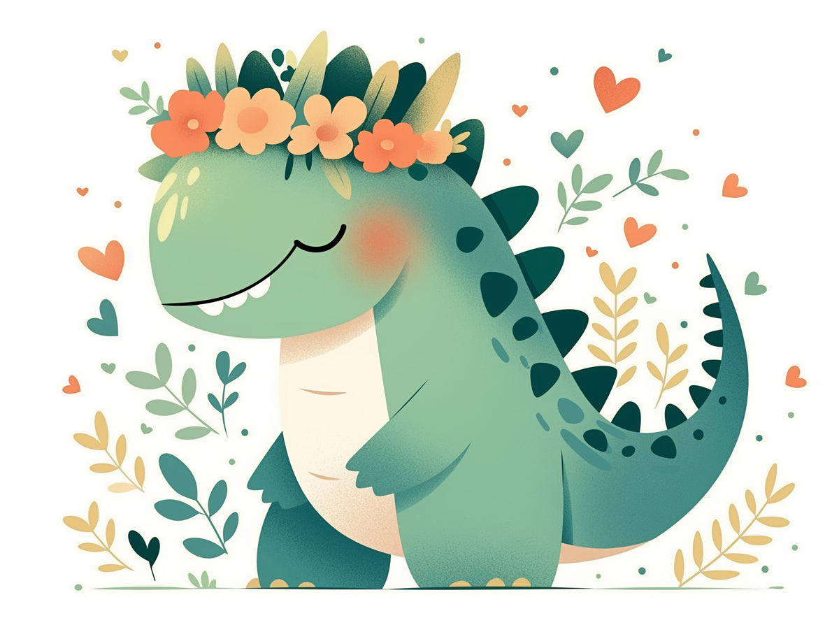 Dinosaur with Flower Crown Mural Wallpaper in Bedroom | Green, Orange, and Various Pastel Colors of Dinosaur