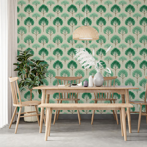 Dining room with wooden furniture against a wall with green tree patterned wallpaper.