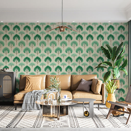 Living room with a beige sofa, patterned wallpaper, and decorative plants.
