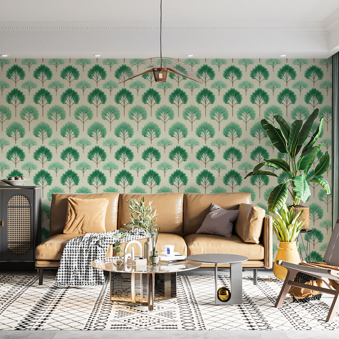 Living room with a beige sofa, patterned wallpaper, and decorative plants.