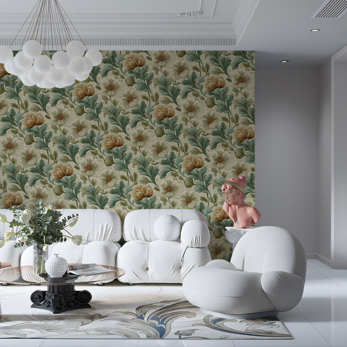 Rustic Floral Mural Wallpaper | Vintage Botanical Print