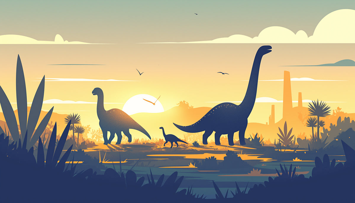 Dinosaur Silhouette Sunset Mural Wallpaper in Playroom | Yellow, Orange, Blue, and Various Colors of Dinosaur