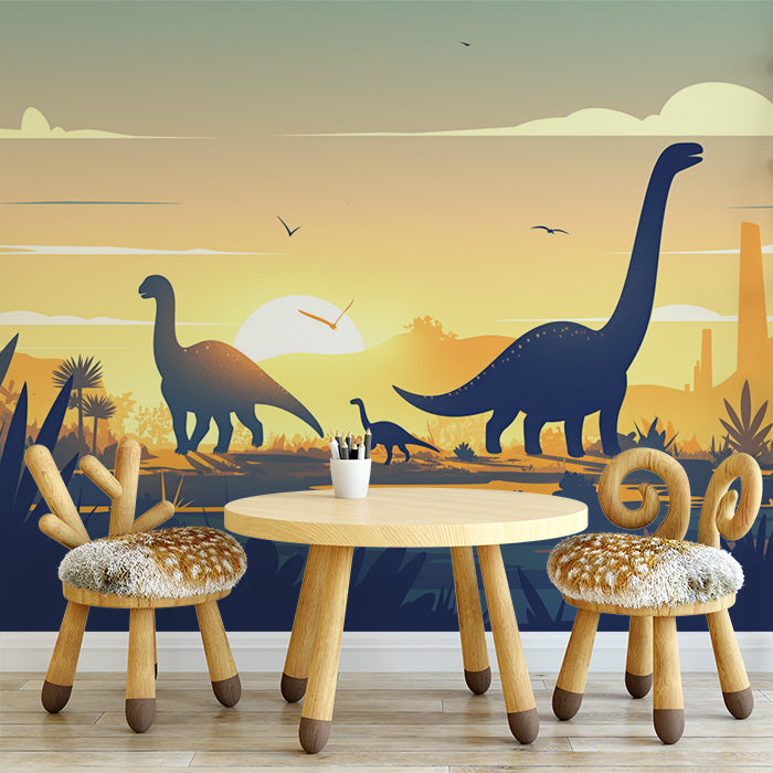 Dinosaur Silhouette Sunset Mural Wallpaper in Playroom | Yellow, Orange, Blue, and Various Colors of Dinosaur