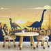 Dinosaur Silhouette Sunset Mural Wallpaper in Playroom | Yellow, Orange, Blue, and Various Colors of Dinosaur