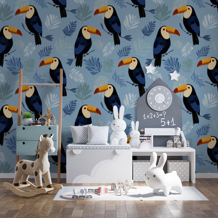 Whimsical Toucan Pattern Mural Wallpaper | Modern Tropical Birds