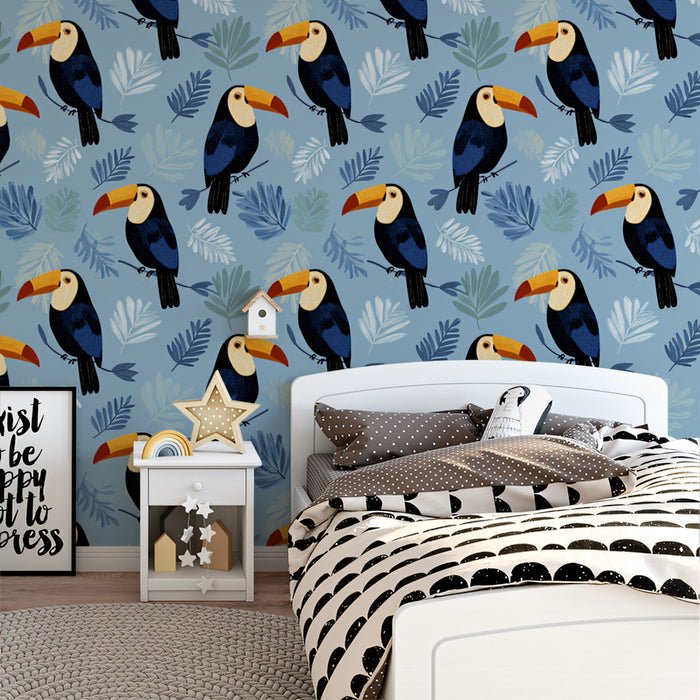 Whimsical Toucan Pattern Mural Wallpaper | Modern Tropical Birds
