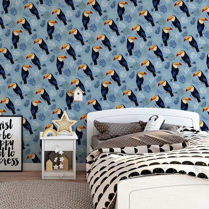 Whimsical Toucan Pattern Mural Wallpaper | Modern Tropical Birds
