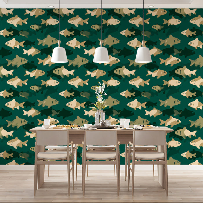 Modern Fish Pattern Mural Wallpaper | Graphic Teal Sea Life Print