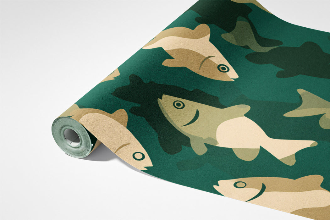 Modern Fish Pattern Mural Wallpaper | Graphic Teal Sea Life Print