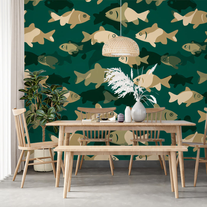Modern Fish Pattern Mural Wallpaper | Graphic Teal Sea Life Print