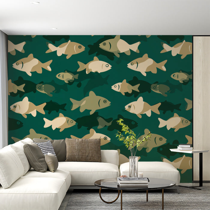 Modern Fish Pattern Mural Wallpaper | Graphic Teal Sea Life Print