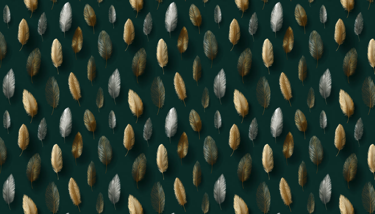 Modern Feather Pattern Mural Wallpaper | Gold & Silver Luxury