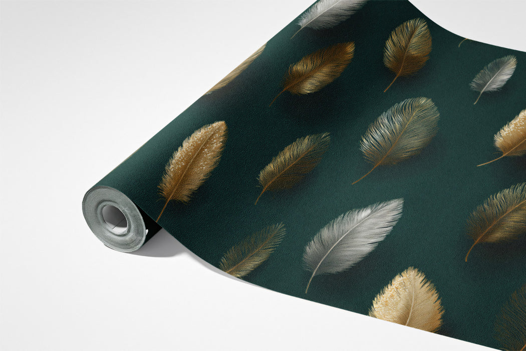 Modern Feather Pattern Mural Wallpaper | Gold & Silver Luxury